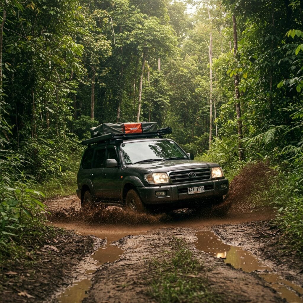 Toyota Prado 4x4 con llantas todo terreno (AT) BFGoodrich en una expedición off-road en la selva amazónica.